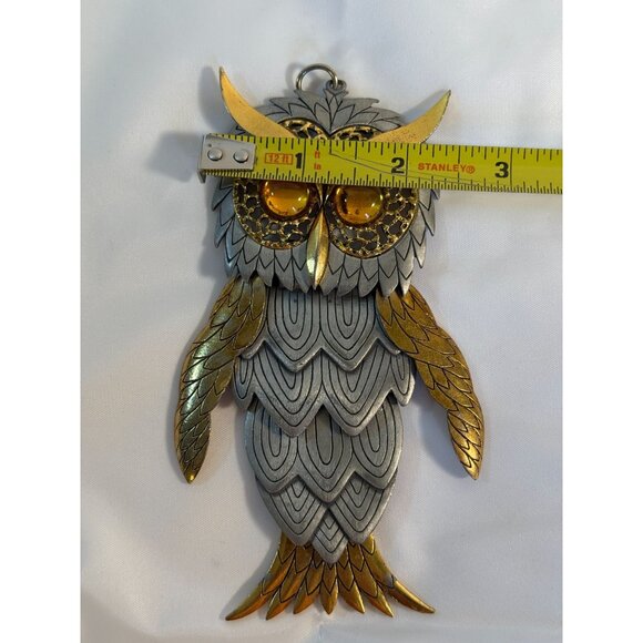 Vintage Owl Pendant Articulated Gold Silver Tone Amber Eyes Retro - Picture 4 of 9